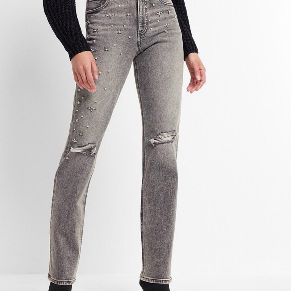 Express Ripped Pearl and Rhinestone Embellished Modern Straight Jeans- Size 6